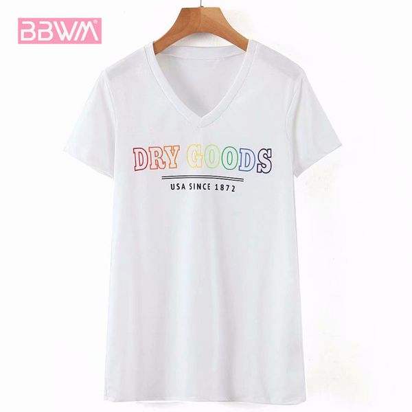 

v-neck short sleeve loose letter print simple women's t-shirt korean version harajuku simple wild chic female 210507, White