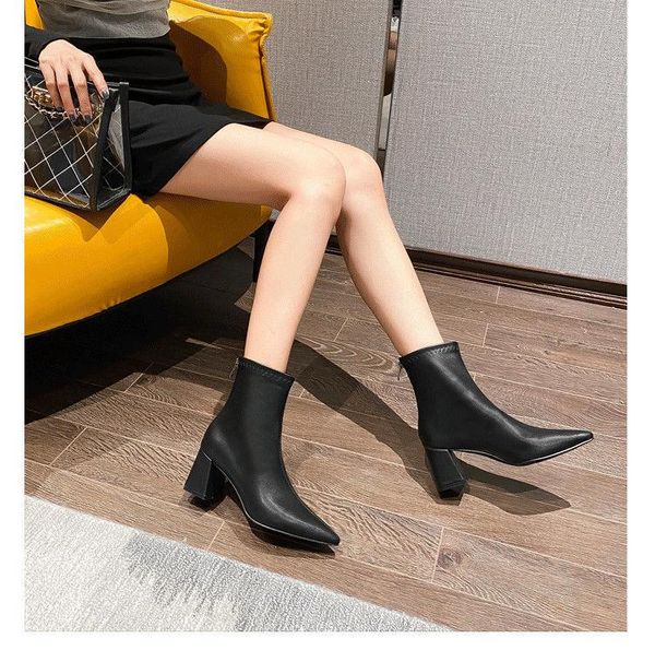 

boots white high-heeled short women's autumn and winter pointed toe 2021 thin wild martn, Black