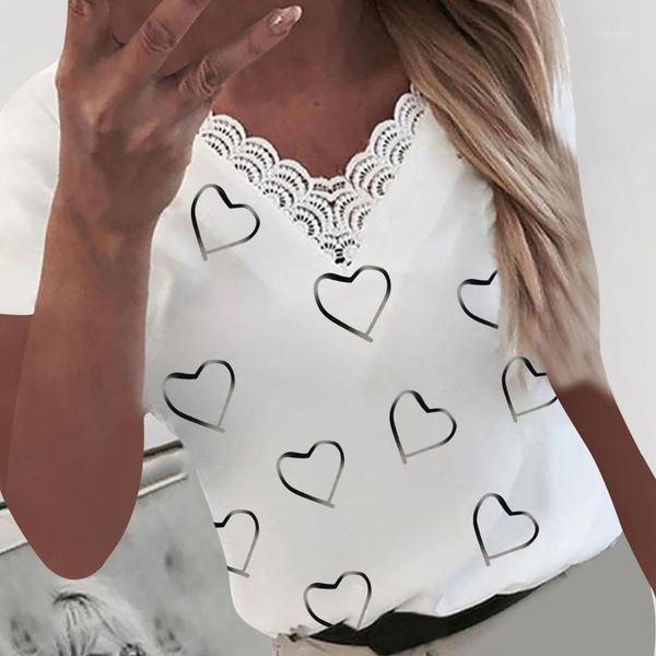 

45#hearts print women v-neck lace patchwork short sleeve t-shirt pullover female casual tee woman clothing 2021 women's, White