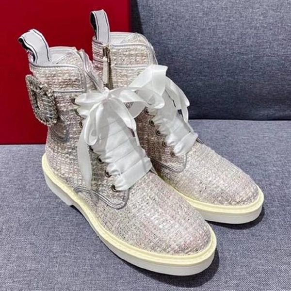 

boots 2021 women ankle genuine leather crystal buckle autumn winter round toe slip on fashion mixed color designer, Black