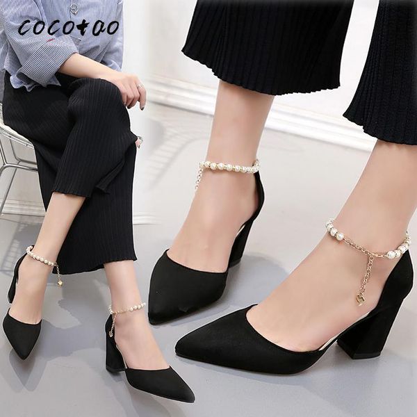

dress shoes 2021 summer sandals women's high heels thick heel pointed korean version of the wild baotou word buckle pearl chain hollow, Black