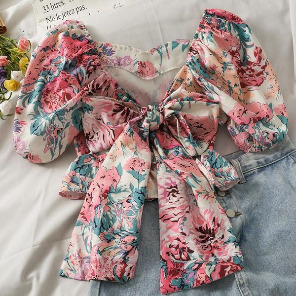 

women's blouses & shirts backless large bowknot women cropped streetwear off the shoulder strapless ruffles floral print shirt, White