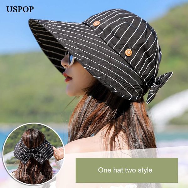 

bucket hats women summer cotton striped hat simple fashion bow wide brim sun visor caps, Blue;gray