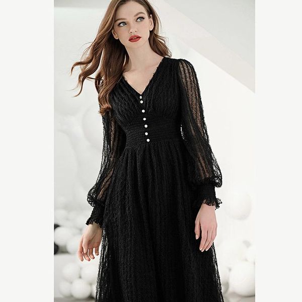 

casual dresses long lantern sleeve waist women elegant a-line v neck work lady party vestidos dress female, Black;gray