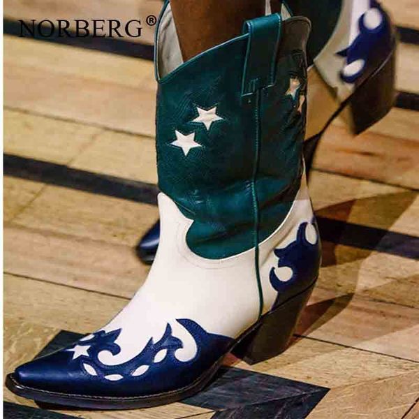 

retro women's boots leather embroidery color matching tube western cowboy boots thick with personality 210507, Black