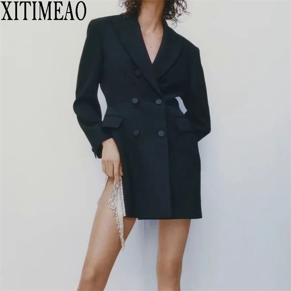 

za women fashion double-breasted blazers coat vintage long sleeves female black slim tassel drill decoration chic outerwear 211006, White;black