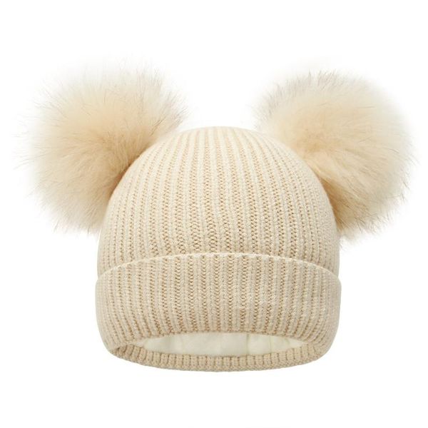 

beanies winter knitted hat children and women woolen cap pairs fluffy ball beanie
