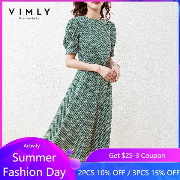 

casual dresses vimly vintage dress for women summer round neck dot print maxi elegant puff sleeve elastic waist women's f7263, Black;gray