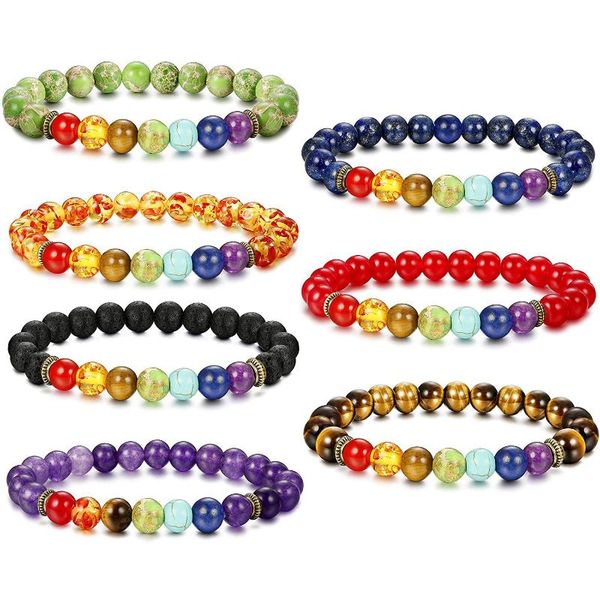 

beaded, strands natural stone chakras bracelet for men women crystal healing yoga bead adjustable, Black