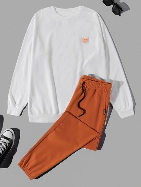 

men patched detail pullover & drawstring waist sweatpants m8bu#, Gray