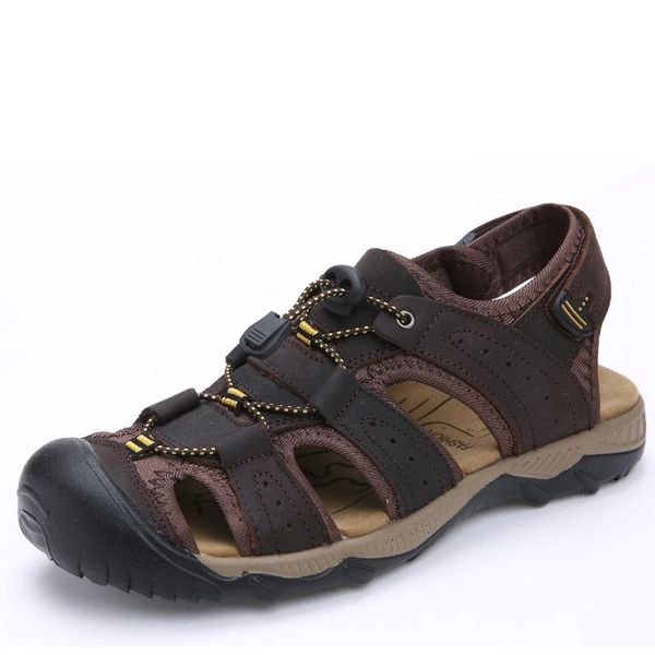 

sandals genuine leather men fashion hook&loop rubber sole covered toe flat casual beach footwear fishernan shoes, Black