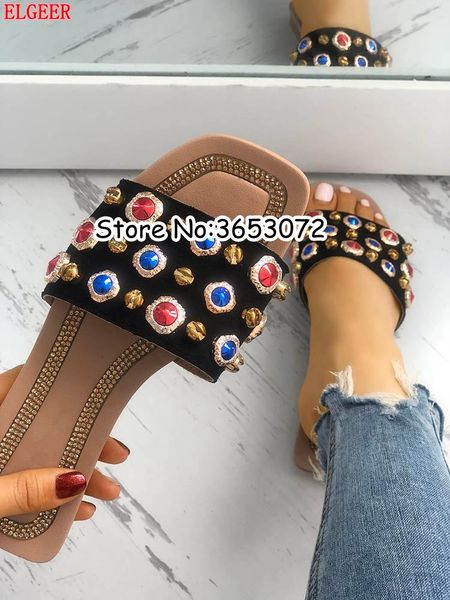 

slippers colorful button rhinestone decorated non-slip flat sandals studs open toe women luxury style lady summer slides shoes, Black