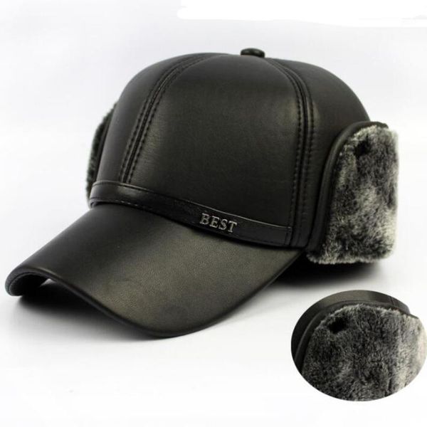 Ball Caps HT647 Warme Winter Leder Pelz Baseball Kappe Ohr Schützen Snapback Hut Für Frauen Hohe Qualität Hüte Männer Solide russische