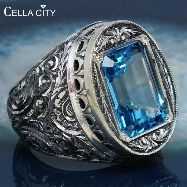 

cluster rings cellacity vintage ring for women silver 925 jewelry geometry gemstones 10*8mm aquamarine luxury court style carved hollow gift, Golden;silver