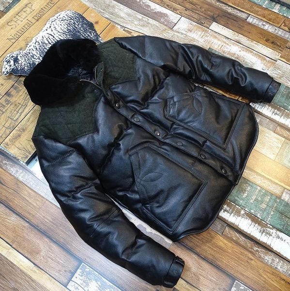 

men's leather & faux fur collar cowhide down bread jacket warm, Black