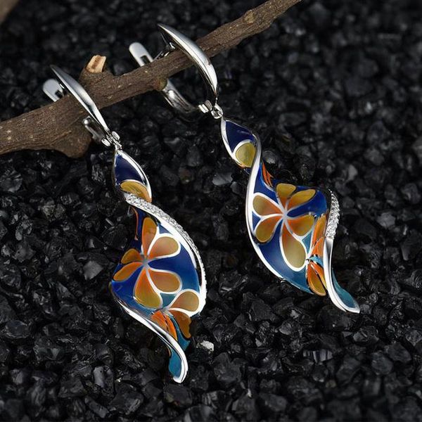 

dangle & chandelier fashion twist spiral navy blue enamel earring trendy whirl metal orange petals leaf flower earrings jewelry, Silver