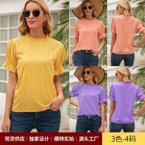 

women's t-shirt clothing 2021 summer solid color temperament commuter short puff sleeve casual o neck tshirt female pullover top, White