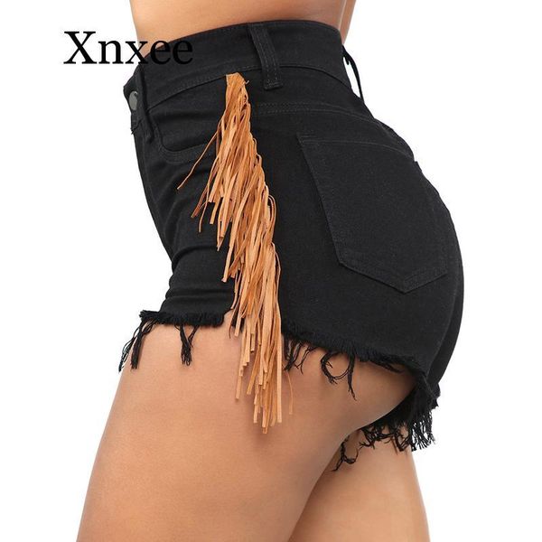 

beach side tassel denim shorts women elastic high waist short jeans summer streetwear ladies casual bottom black white women's, White;black