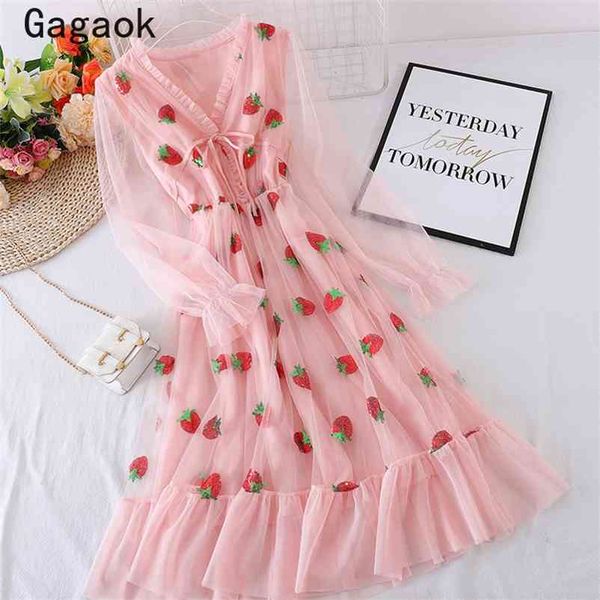 

strawberry dress women spring autumn sweet a-line sequins cartoon midi dresses kawaii fashion wild vestidos 210531, Black;gray