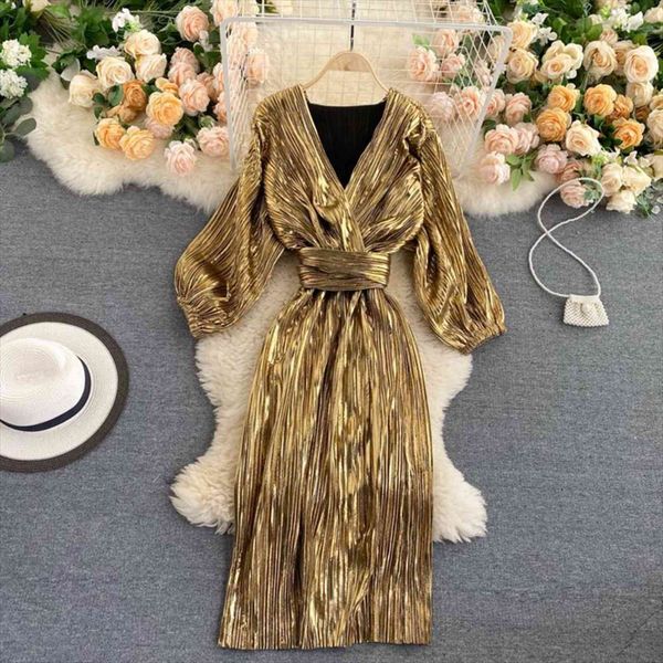 

vintage clothes gold shimmer pleated womens dresses elegant belted midi deep v neck evening party, Black;gray