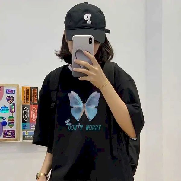 

women t-shirt girl 100% cotton butterfly print japan summer cute tee causal harajuku oversized punk kawaii t shirts gothic, Black