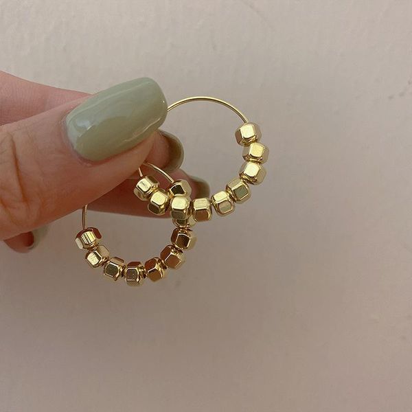 

hoop & huggie 2021 trend minimalist gold color metal beads circle geometric round hook earrings for women wedding party jewelry pendants gif, Golden;silver
