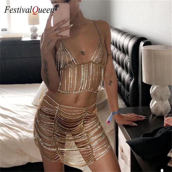 

two piece dress gold silver bling rhinestone 2 outfits halter backless hollow crop diamonds tassel mini skirts women club matching set, White