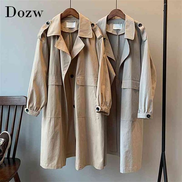 Trench coat casual solido da donna Colletto rovesciato Abbigliamento da ufficio allentato Tasca grande lunga Giacca a vento cachi grigio coreano 210515