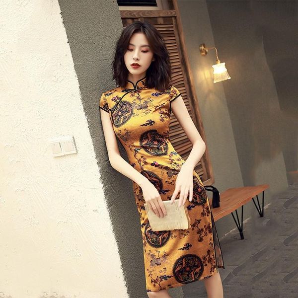 

yellow exquisite print traditional chinese dress women slim short sleeve qipao vintage button trim elegant cheongsam ethnic clothing, Red