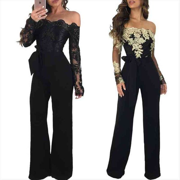 

lace patchwork womens jumpsuits off shoulder slash neck long sleeve casual slim wide leg, Black;white