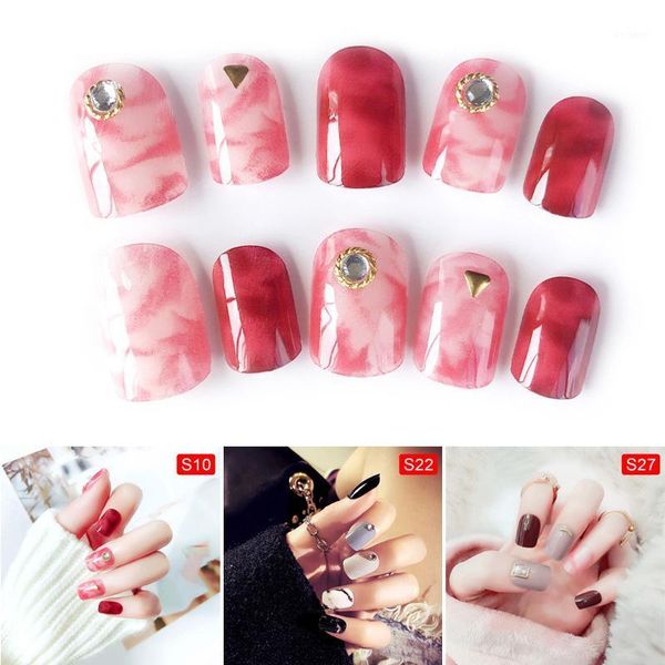 

24pcs ladies fake nails beads marble texture manicure decoration decals diy false ldo991, Black