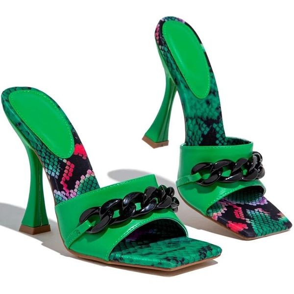 

70% off outlet store summer elegant women slippers fashion metal chain decoration high heels sandals mules slides pumps square toe ladies sh, Black