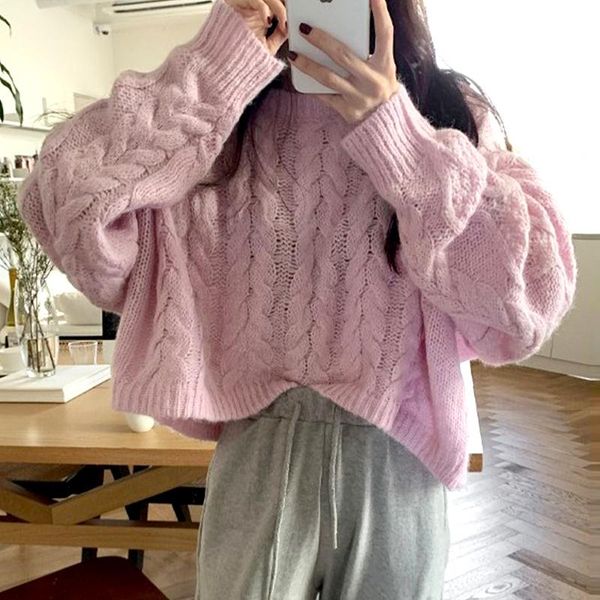 

women's sweaters [ewq] korea chic autumn gentle pink round neck twist pullover loose white long sleeve knitted sweater women tide 2021, White;black