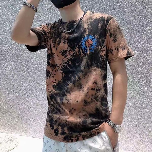 

chao brand ch summer new wash tie dye horseshoe cross printed short sleeve cotton men's and women's t-shirt, White;black