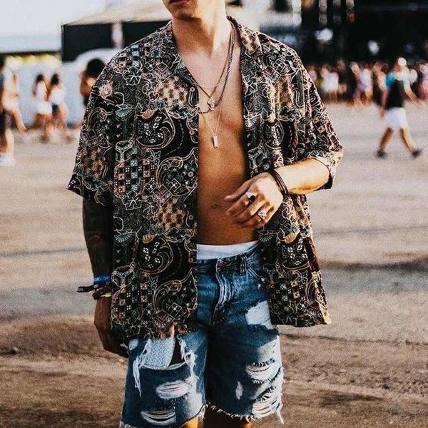 

european american men's shirts 2021 hawaiian black beach print short sleeves camisas para hombre casual, White;black