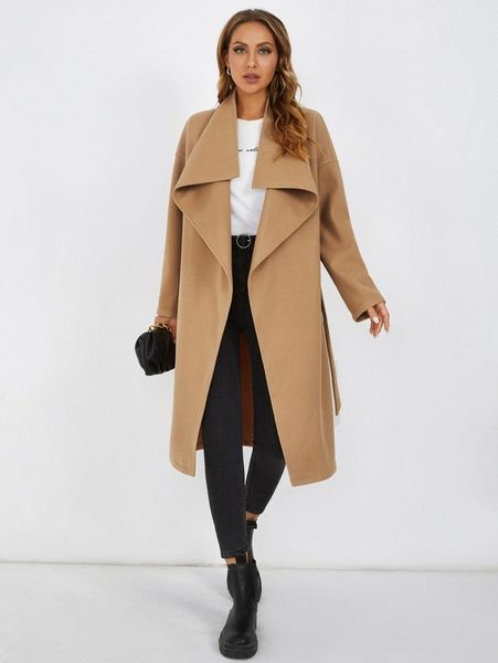 

waterfall collar drop shoulder belted overcoat g9kp#, Black