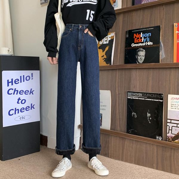 

women's jeans dd0172 fashion trend all-match plus velvet thick loose straight denim trousers, Blue
