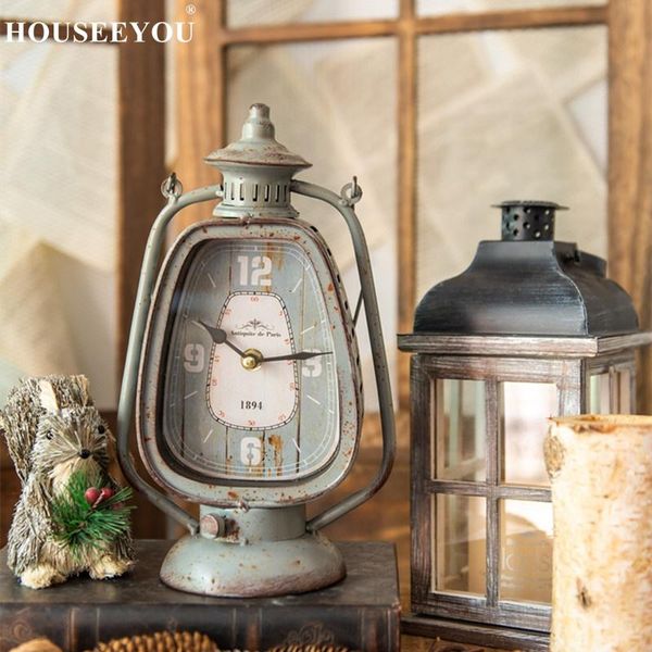 

desk & table clocks antique blue iron lantern shape clock with hanging handle and round bottom base european home garden bar decor metal