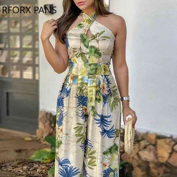 

crisscross halter tropical print jumpsuits, Black;white