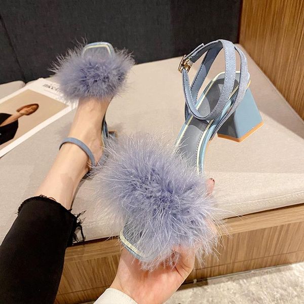 

dress shoes thick-heeled high heels sandals suede women 2021 summer fairy wind blue fur sandalias pumps ankle strap gladiator sandal, Black