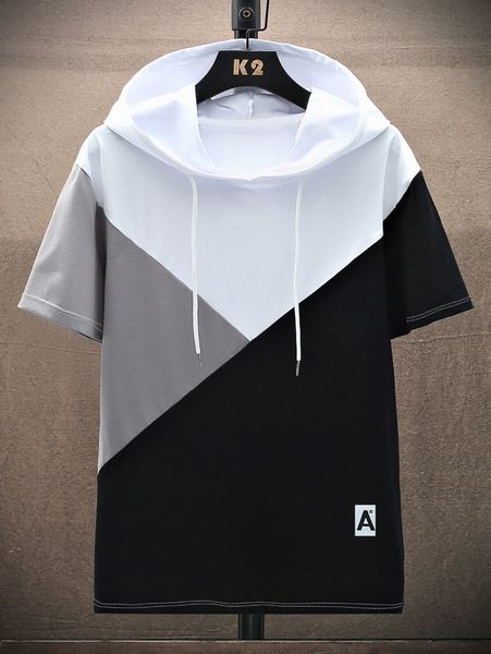 

romwe guys colorblock drawstring hooded tee w5vv#, White;black