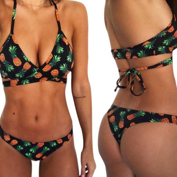 

push up bikini pineapple fruit swimsuits tie print sets two piece women back one-piece suits