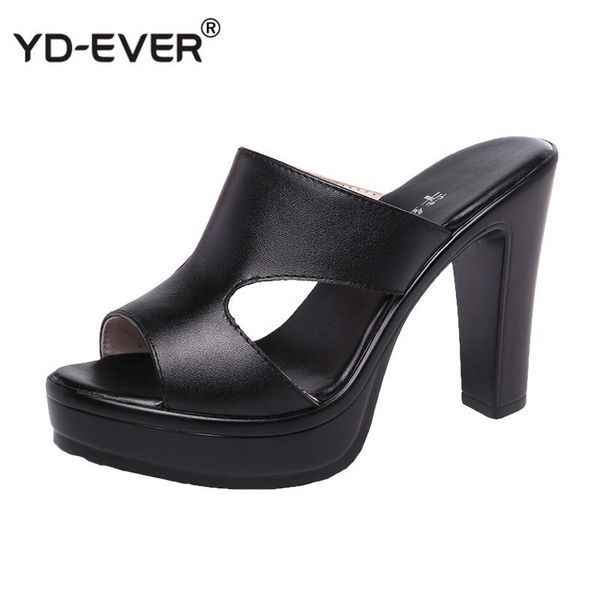 

slippers plus size 33-43 high heels women platform shoes summer 2021 block heel leather slides ladies office, Black