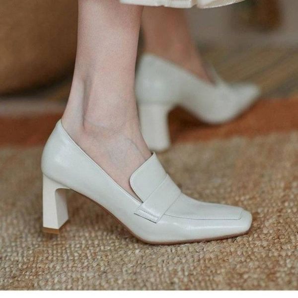 

dress shoes small leather women's british 2021 square toe mid-heel loafers pumps wild one-foot thick heel single women, Black
