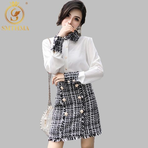 

autumn and winter elegant women two piece set tweed tassels shirt + double-breasted woolen mini skirt suit 210520, White