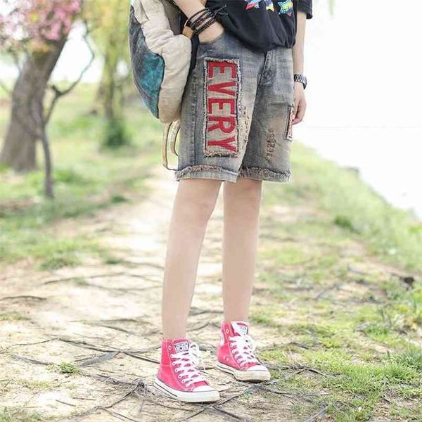 

arrival summer women denim shorts vintage ripped elastic waist jean letter embroidery cotton loose d100 210512, White;black