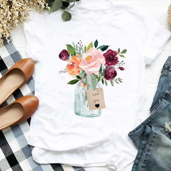 

fashion 90s love valentine women t shirt flower floral tee clothes graphic, White