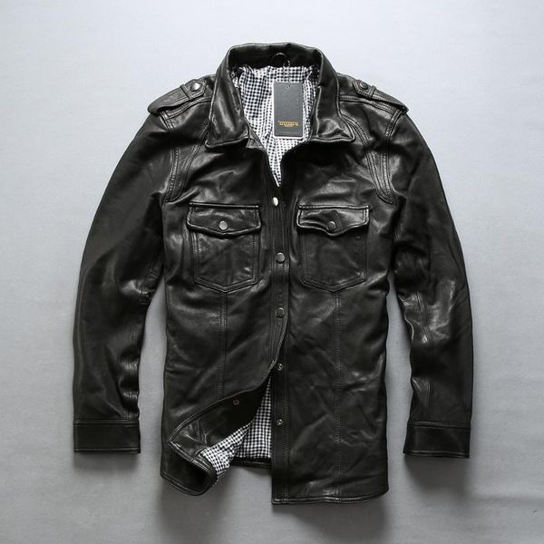 

men's leather & faux avirex fashion brand jacket men slim fit genuine shirt sheepskin thin real coat, Black