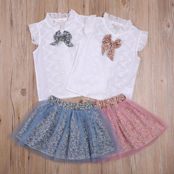 

2-7y summer lovely baby girls clothes sets ruffles sleeveless lace single breasted shirts flowers print skirts clothing, White