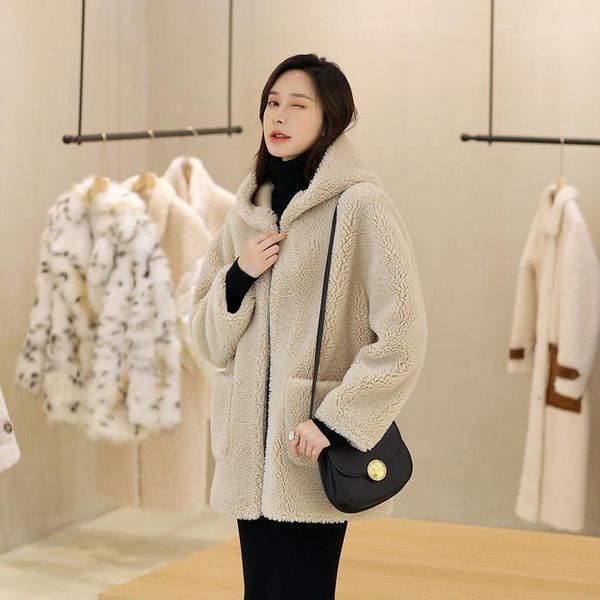 

women's fur & faux 2021 faur coat autumn winter wear medium and long lamb integrated grain wool blend, Black